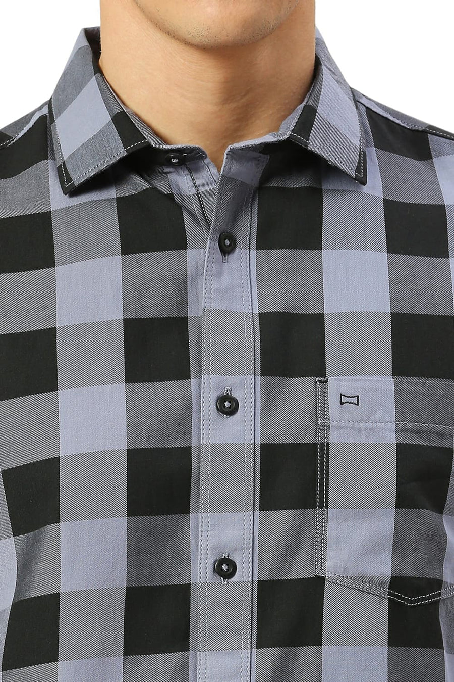 BASICS SLIM FIT GREY DAWN COTTON TWILL CHECKS SHIRT