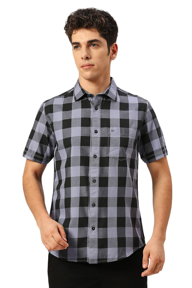 SLIM FIT COTTON TWILL CHECKS HALFSLEEVES SHIRT