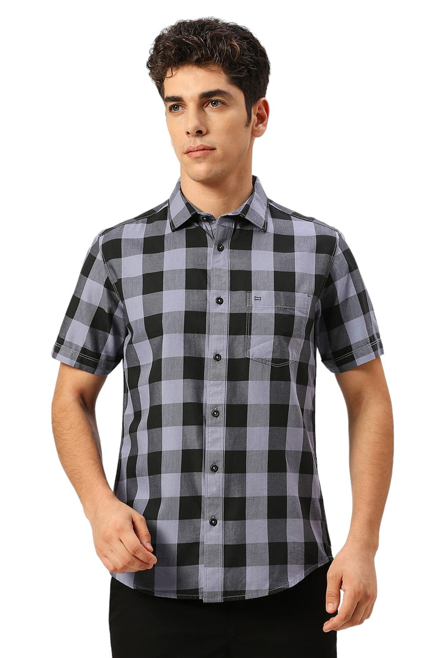 BASICS SLIM FIT GREY DAWN COTTON TWILL CHECKS HALFSLEEVES SHIRT