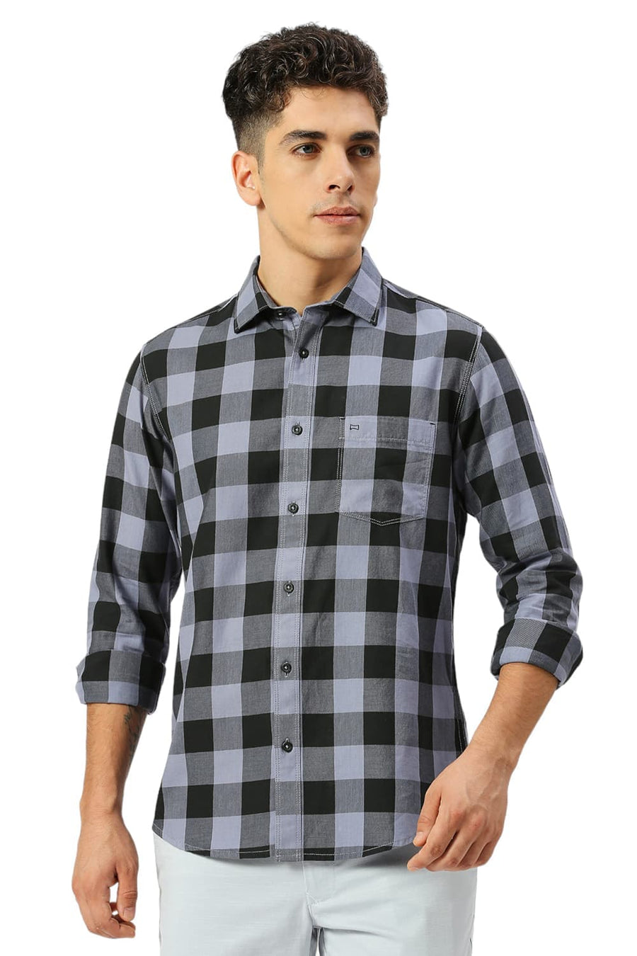 BASICS SLIM FIT GREY DAWN COTTON TWILL CHECKS SHIRT