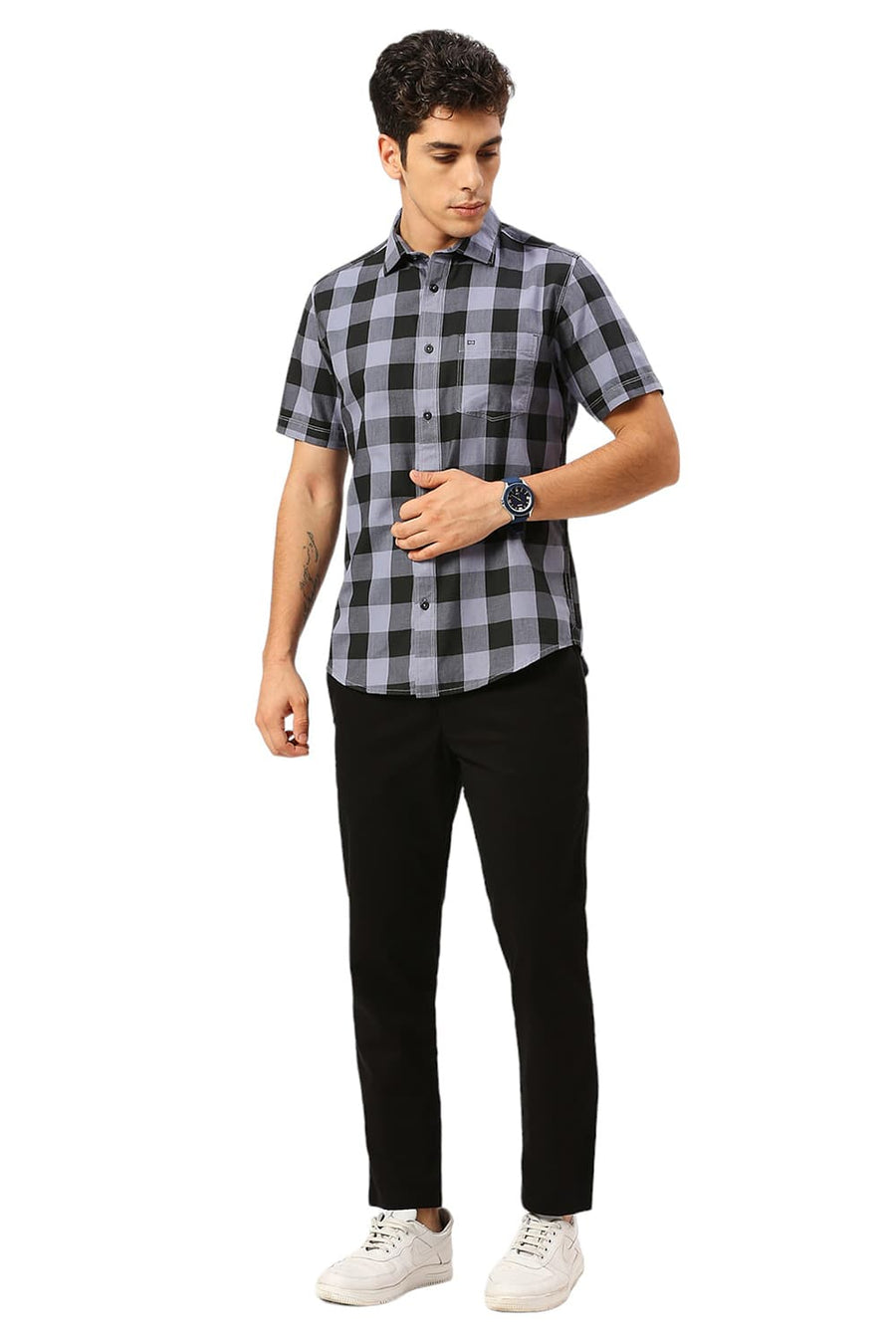 BASICS SLIM FIT GREY DAWN COTTON TWILL CHECKS HALFSLEEVES SHIRT