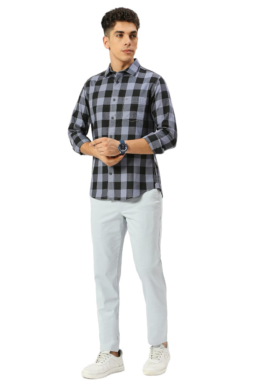 BASICS SLIM FIT GREY DAWN COTTON TWILL CHECKS SHIRT