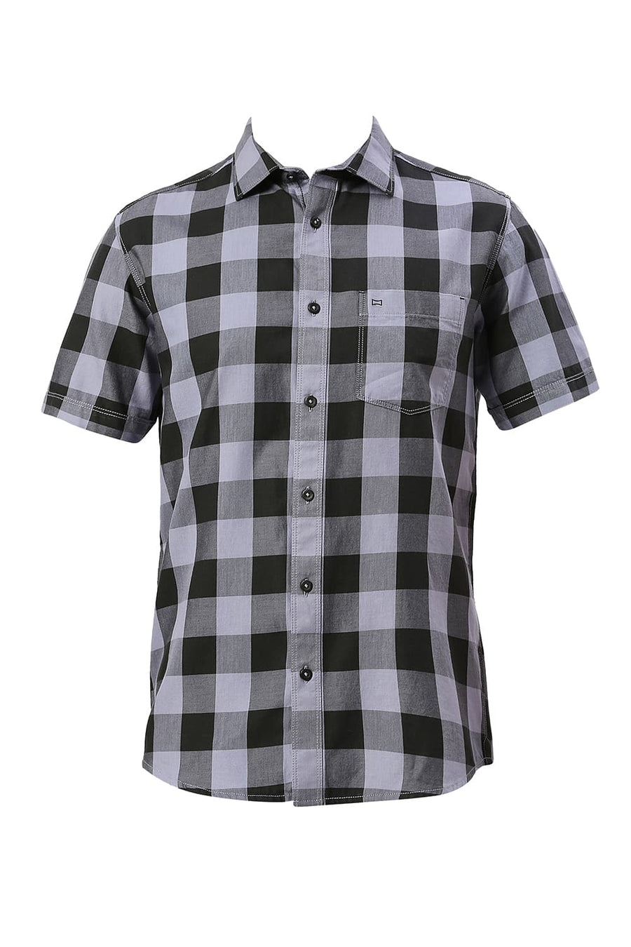 BASICS SLIM FIT GREY DAWN COTTON TWILL CHECKS HALFSLEEVES SHIRT