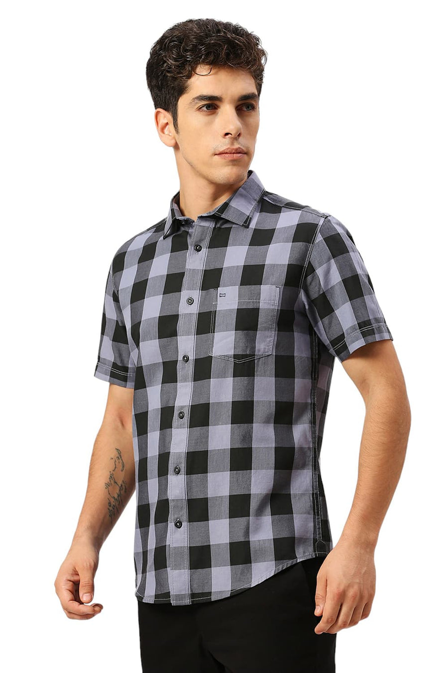 BASICS SLIM FIT GREY DAWN COTTON TWILL CHECKS HALFSLEEVES SHIRT