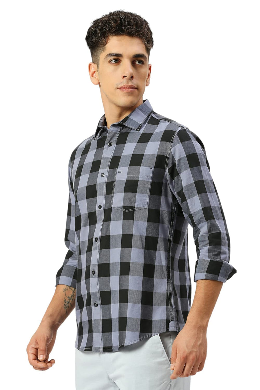 BASICS SLIM FIT GREY DAWN COTTON TWILL CHECKS SHIRT