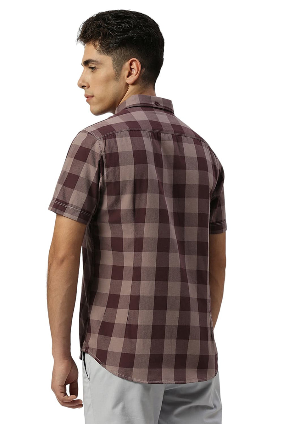 BASICS SLIM FIT PLUM WINE COTTON TWILL CHECKS HALFSLEEVES SHIRT