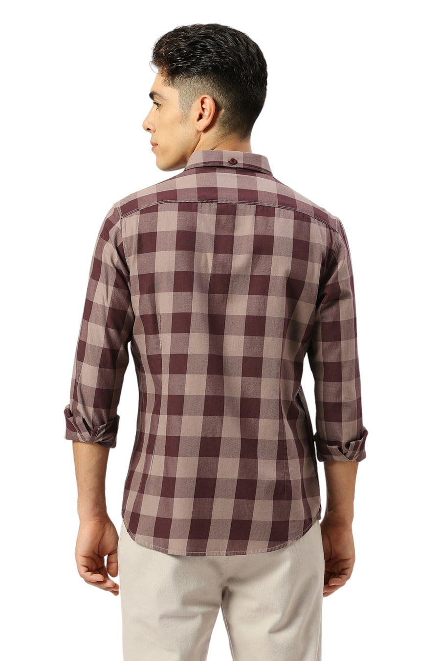 BASICS SLIM FIT PLUM WINE COTTON TWILL CHECKS SHIRT
