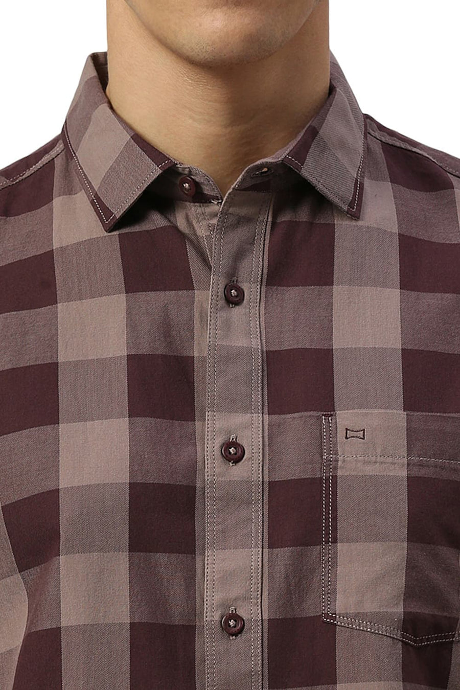 BASICS SLIM FIT PLUM WINE COTTON TWILL CHECKS HALFSLEEVES SHIRT