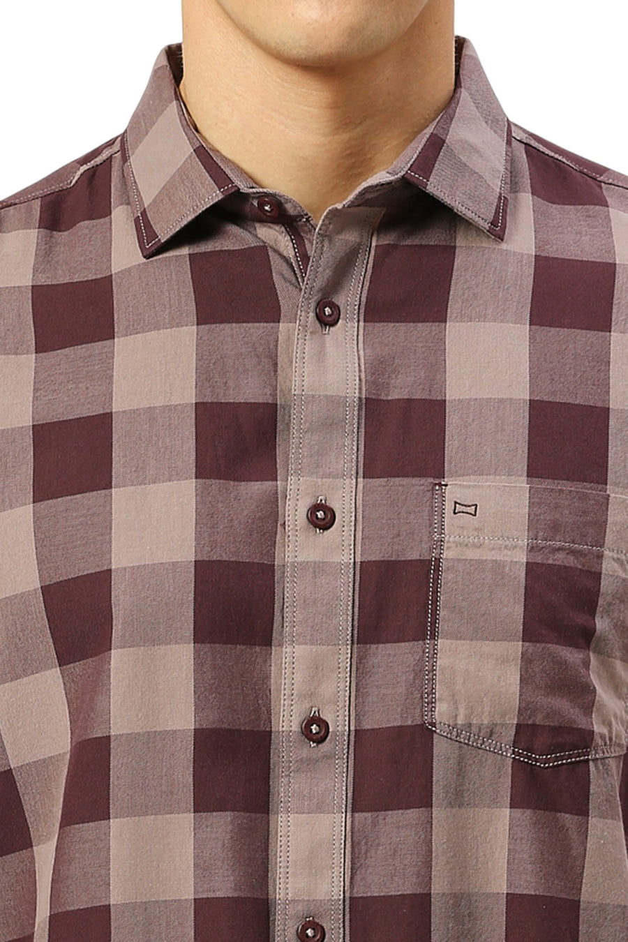 BASICS SLIM FIT PLUM WINE COTTON TWILL CHECKS SHIRT