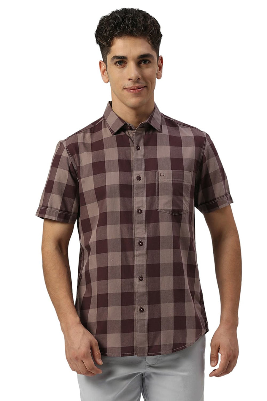 BASICS SLIM FIT PLUM WINE COTTON TWILL CHECKS HALFSLEEVES SHIRT