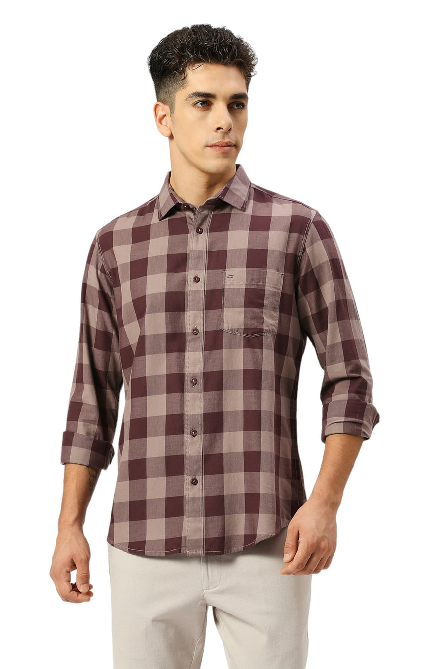 BASICS SLIM FIT PLUM WINE COTTON TWILL CHECKS SHIRT