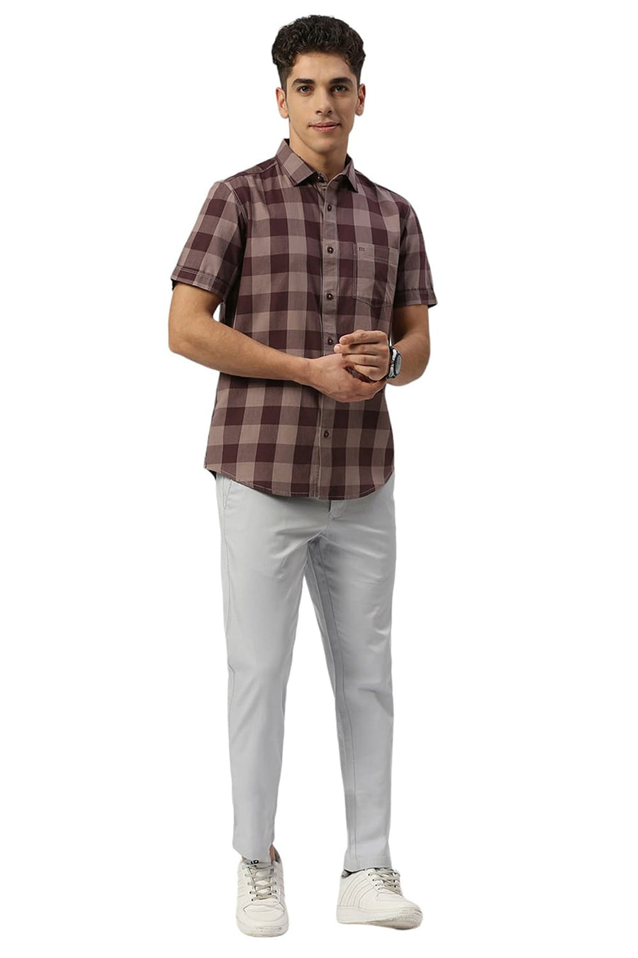 BASICS SLIM FIT PLUM WINE COTTON TWILL CHECKS HALFSLEEVES SHIRT