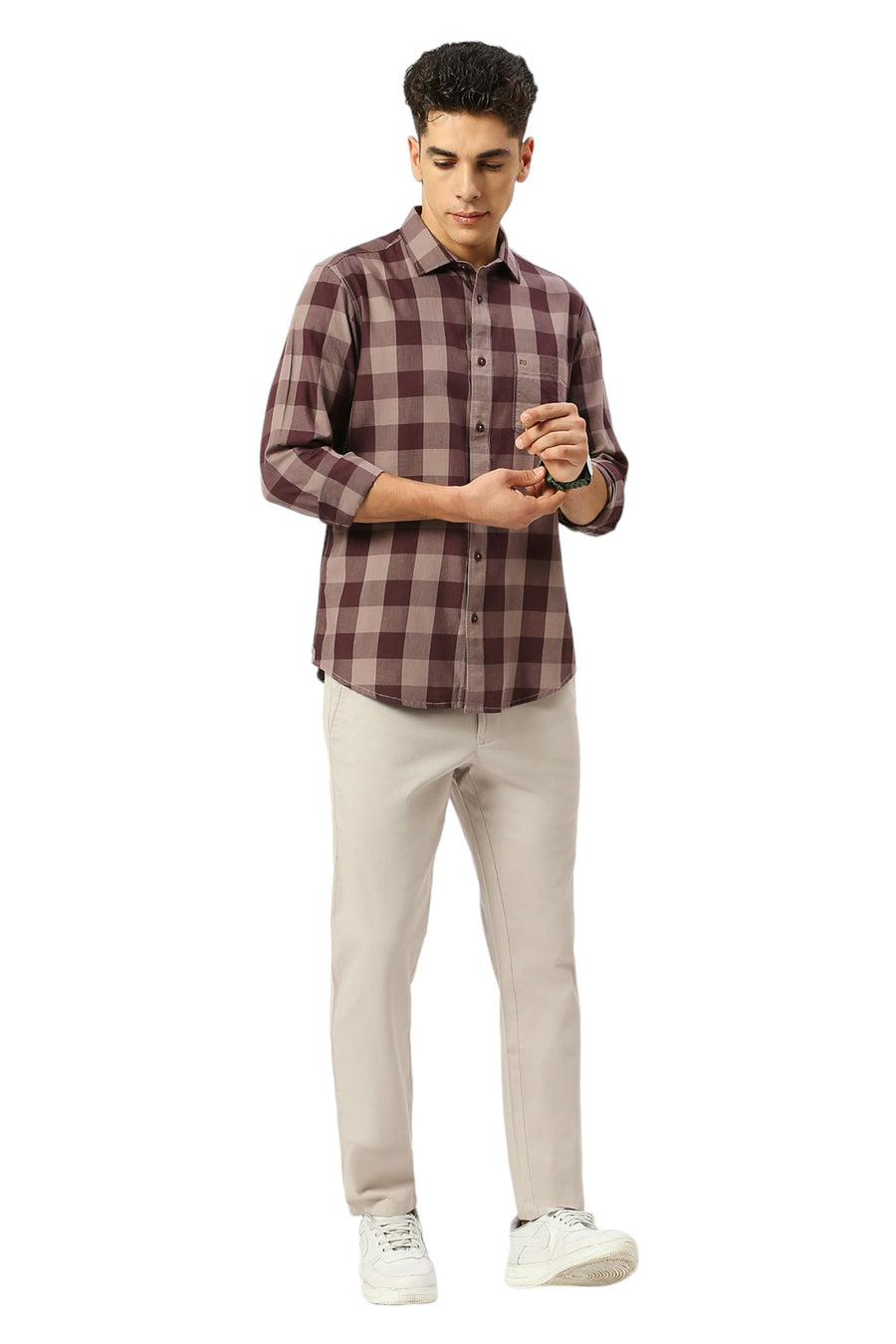 BASICS SLIM FIT PLUM WINE COTTON TWILL CHECKS SHIRT