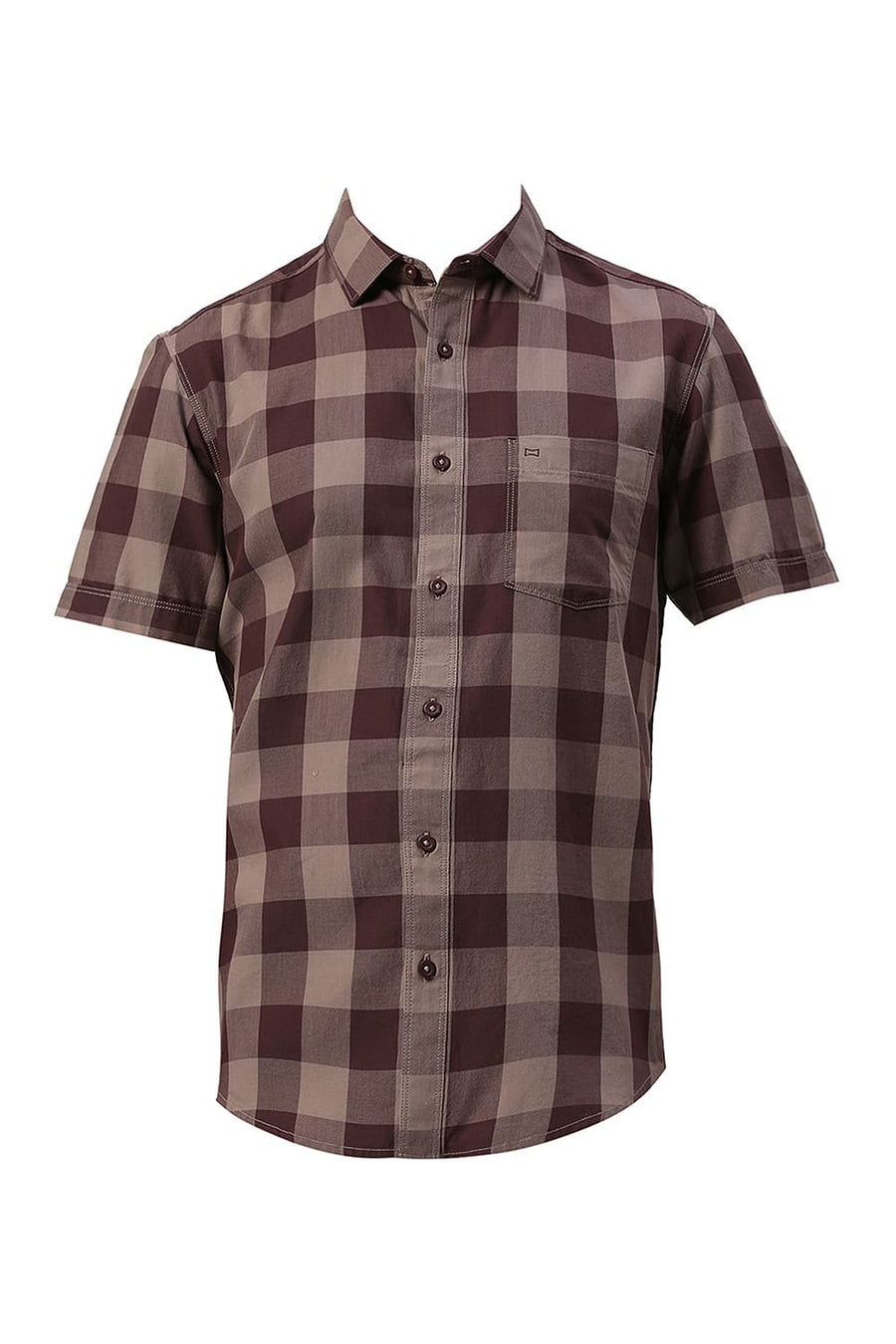 BASICS SLIM FIT PLUM WINE COTTON TWILL CHECKS HALFSLEEVES SHIRT