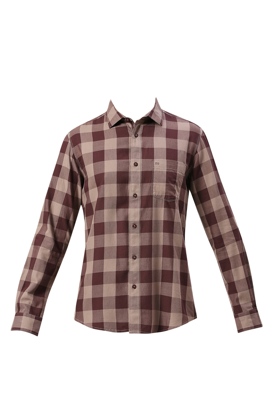 BASICS SLIM FIT PLUM WINE COTTON TWILL CHECKS SHIRT