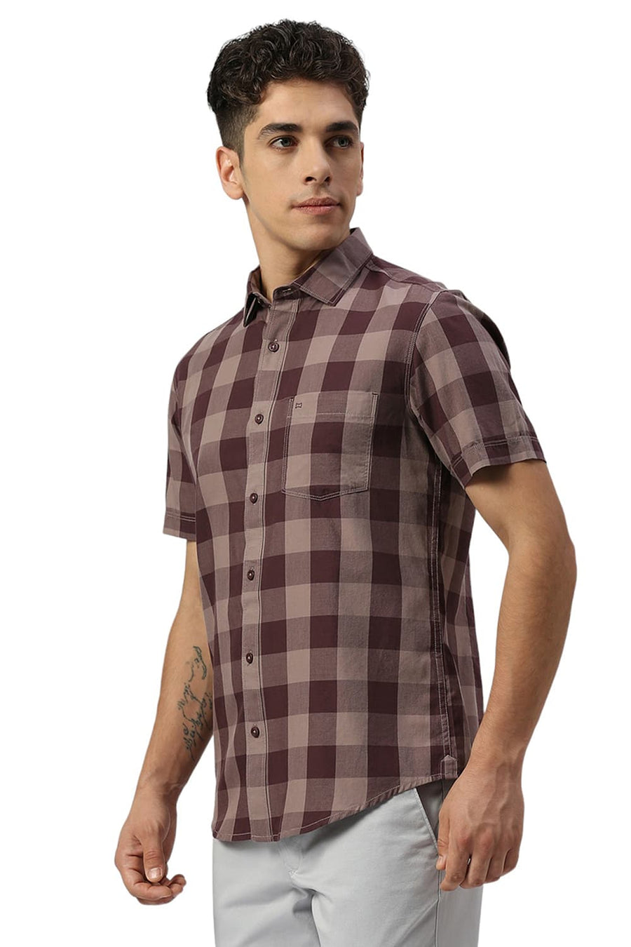 BASICS SLIM FIT PLUM WINE COTTON TWILL CHECKS HALFSLEEVES SHIRT