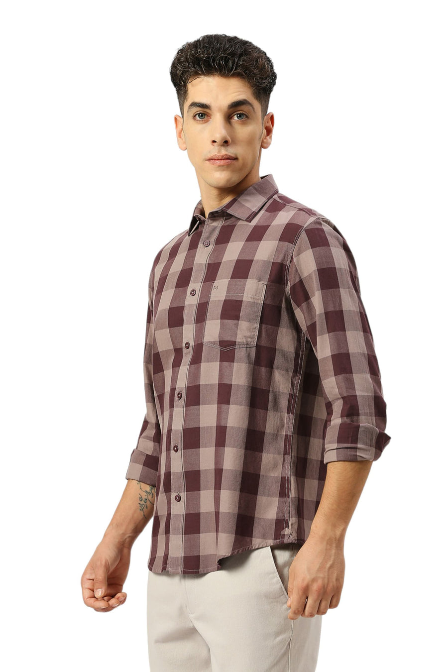 BASICS SLIM FIT PLUM WINE COTTON TWILL CHECKS SHIRT