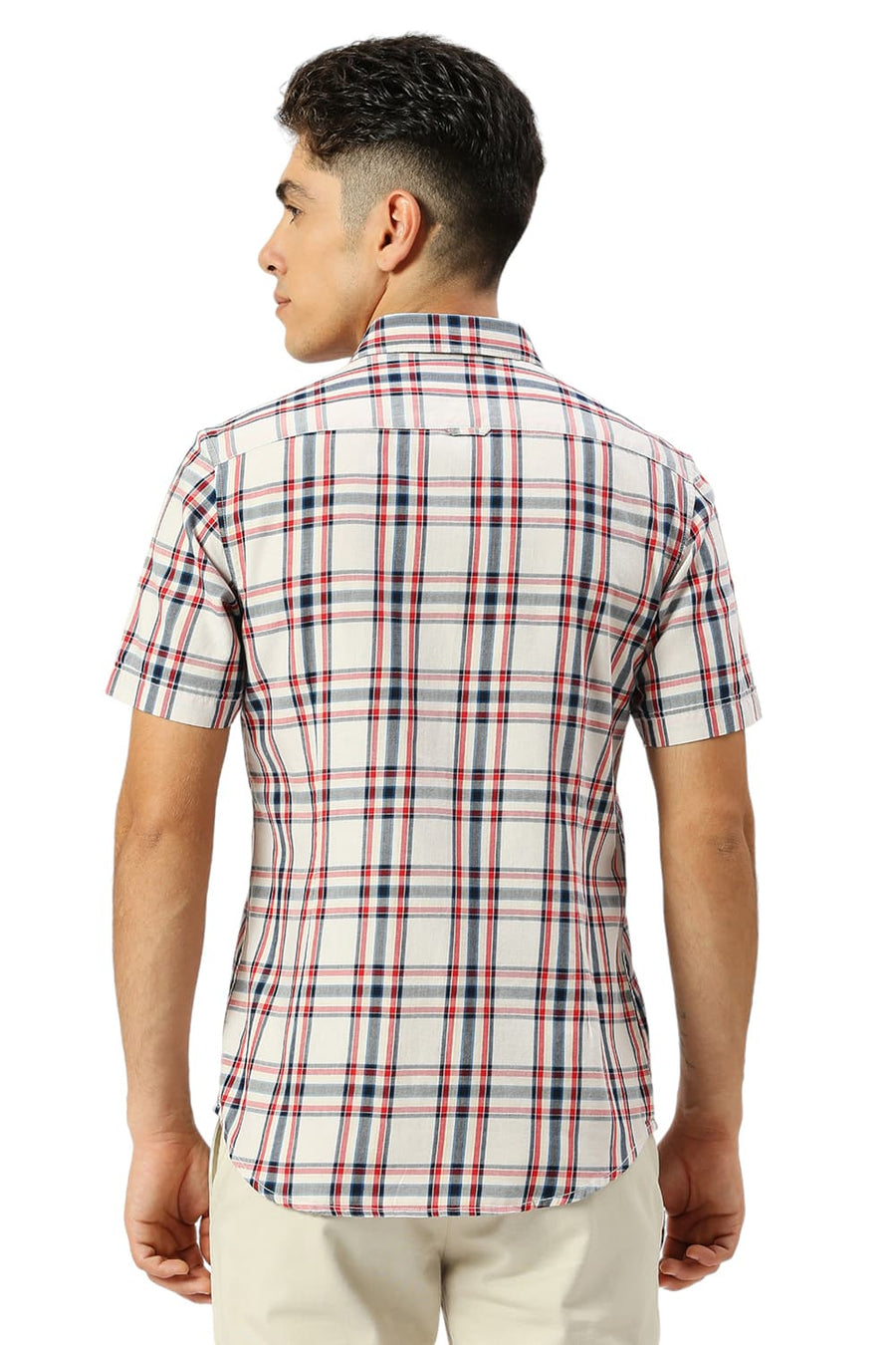 BASICS SLIM FIT ALMOST ECRU COTTON TWILL CHECKS HALFSLEEVES SHIRT
