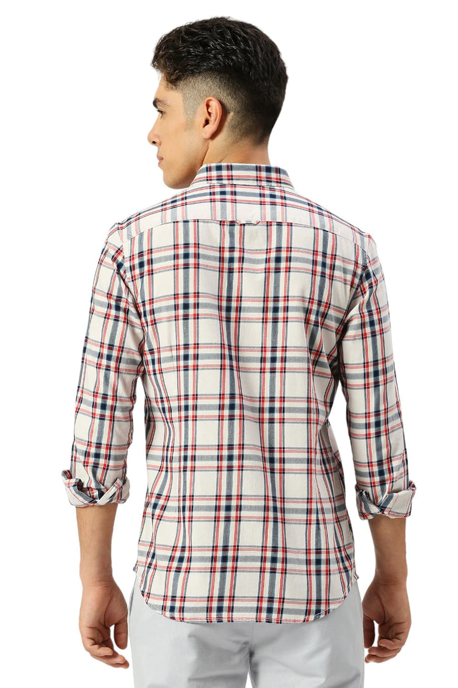 BASICS SLIM FIT ALMOST ECRU COTTON TWILL CHECKS SHIRT