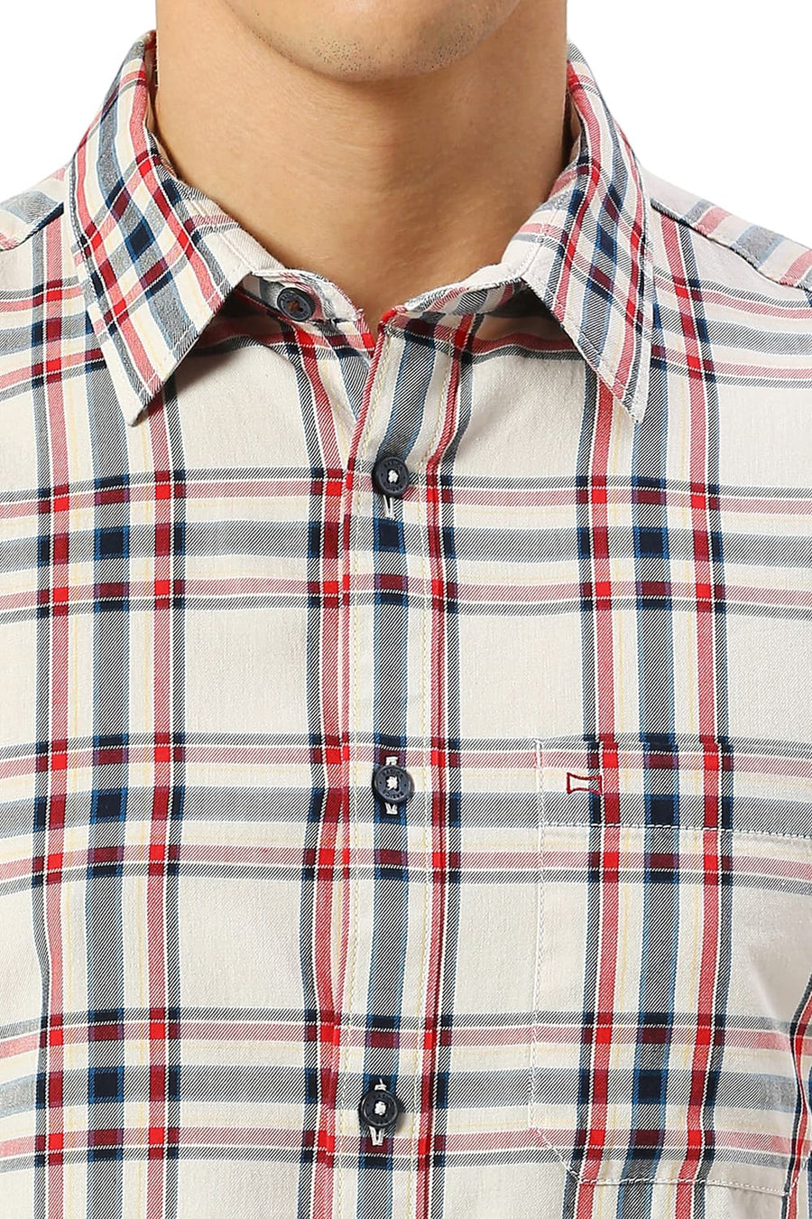 BASICS SLIM FIT ALMOST ECRU COTTON TWILL CHECKS HALFSLEEVES SHIRT