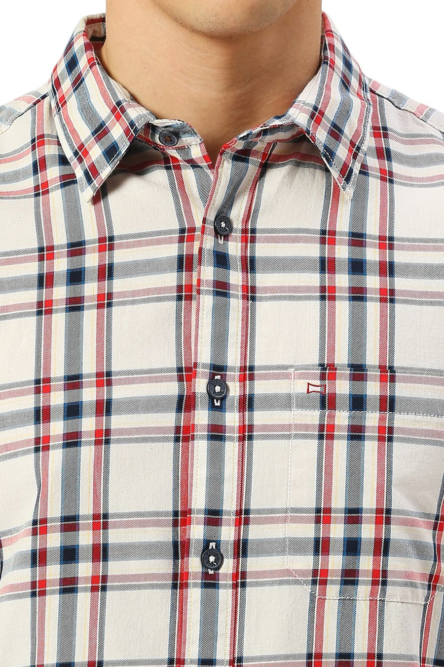 BASICS SLIM FIT ALMOST ECRU COTTON TWILL CHECKS SHIRT