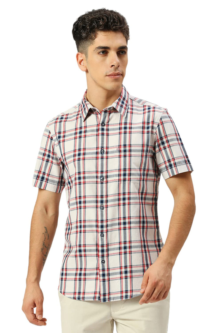 BASICS SLIM FIT ALMOST ECRU COTTON TWILL CHECKS HALFSLEEVES SHIRT