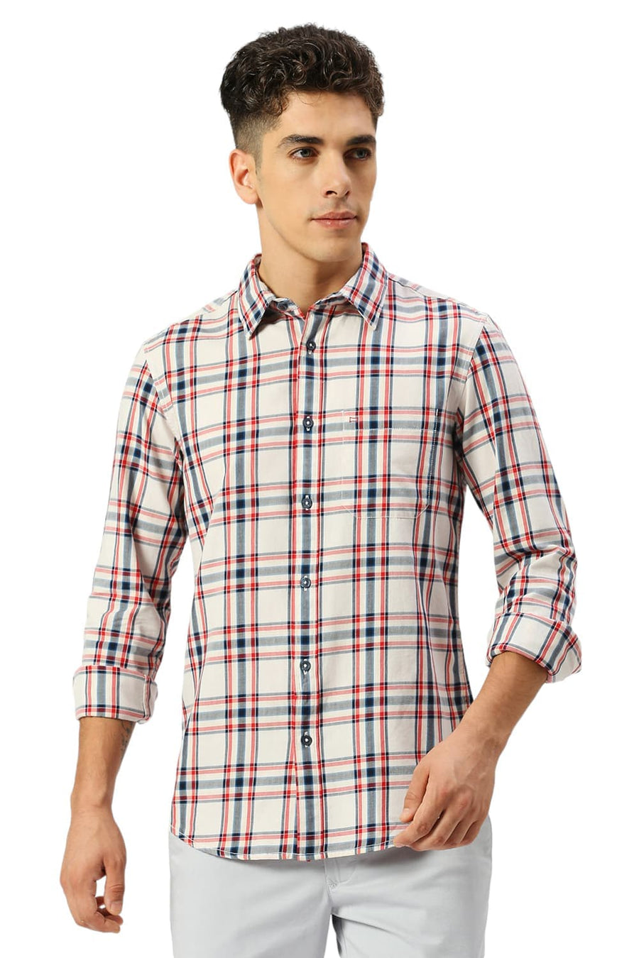 BASICS SLIM FIT ALMOST ECRU COTTON TWILL CHECKS SHIRT