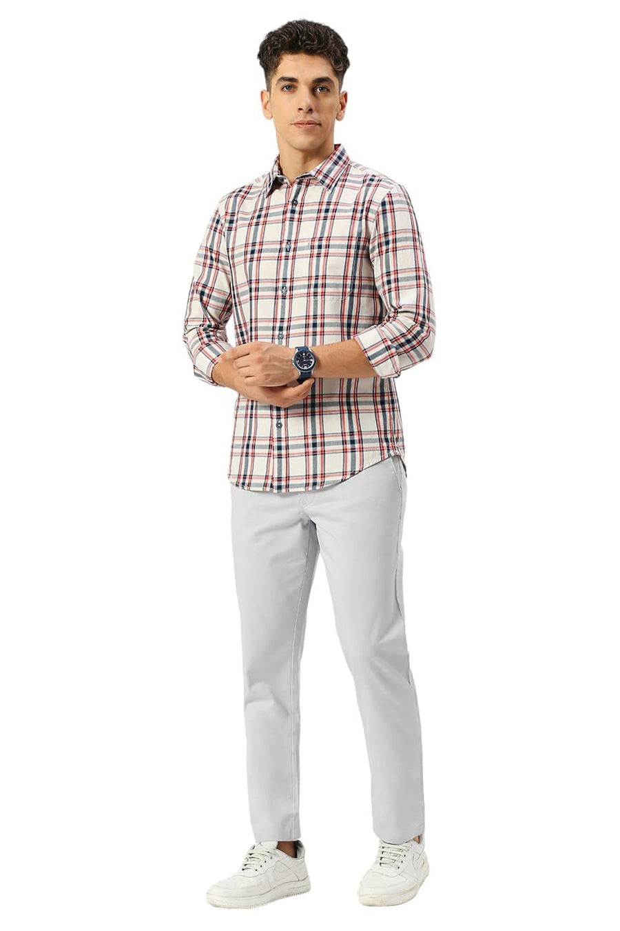 BASICS SLIM FIT ALMOST ECRU COTTON TWILL CHECKS SHIRT
