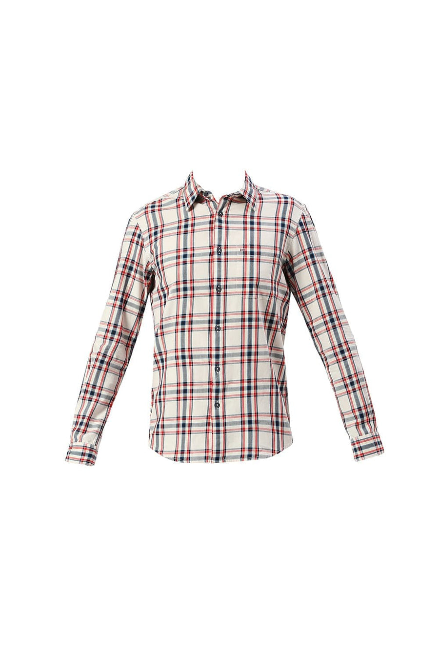 BASICS SLIM FIT ALMOST ECRU COTTON TWILL CHECKS SHIRT