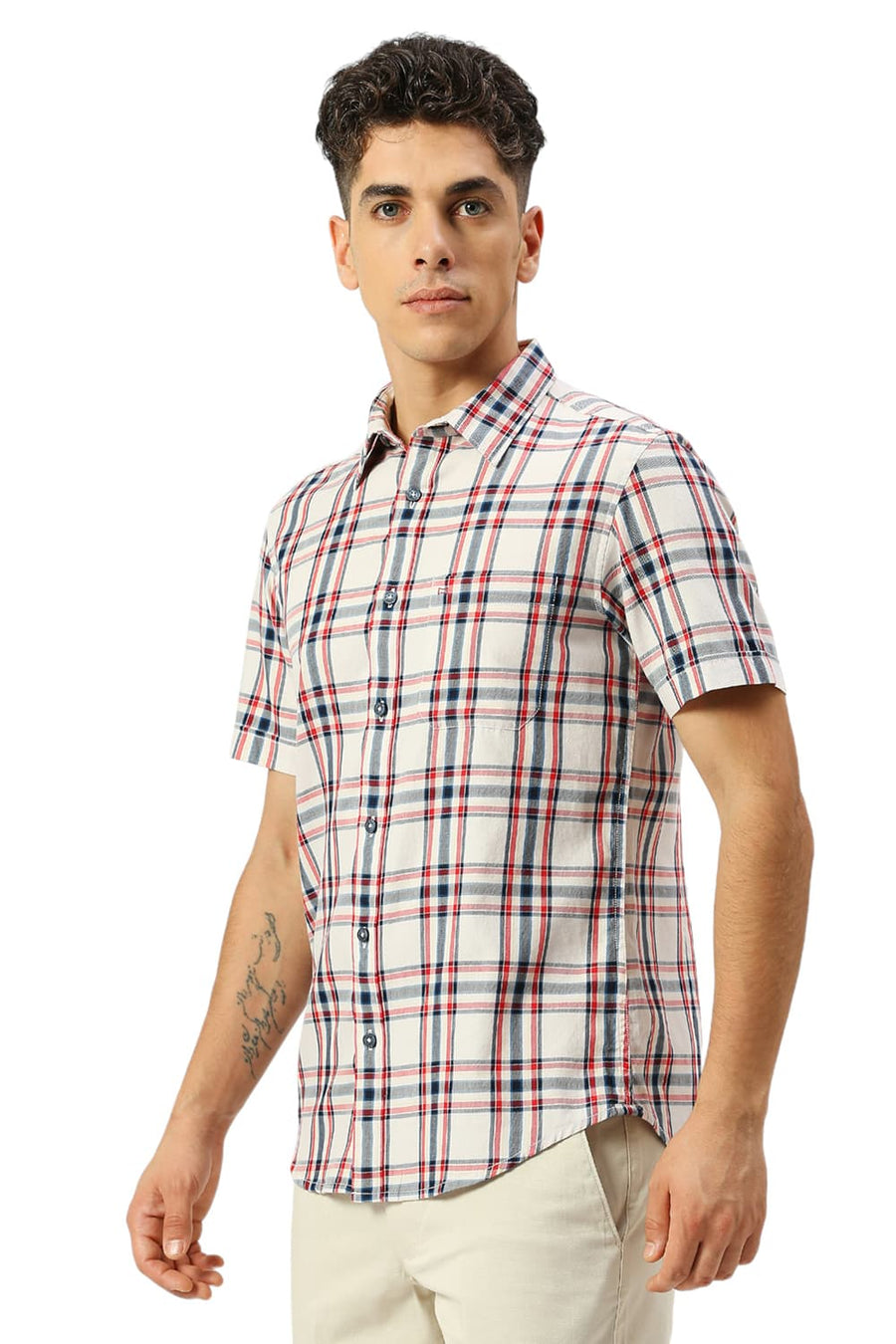 BASICS SLIM FIT ALMOST ECRU COTTON TWILL CHECKS HALFSLEEVES SHIRT