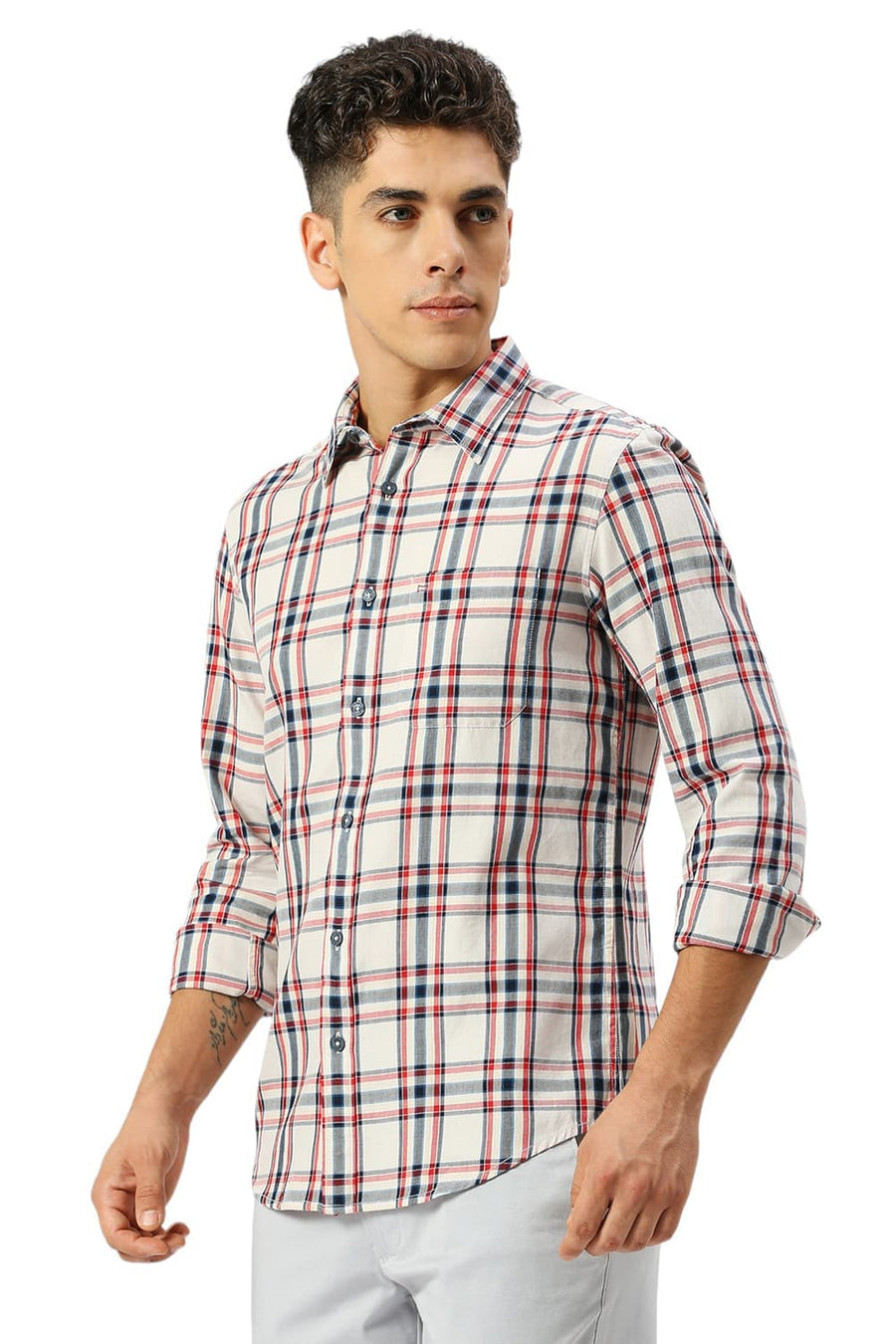 BASICS SLIM FIT ALMOST ECRU COTTON TWILL CHECKS SHIRT