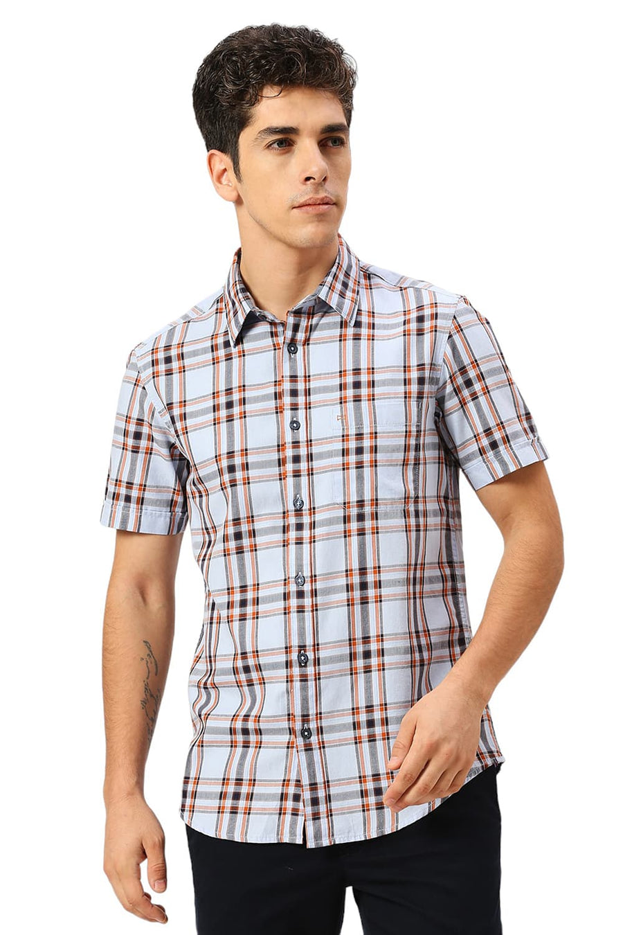 BASICS SLIM FIT BRUNNERA BLUE COTTON TWILL CHECKS HALFSLEEVES SHIRT