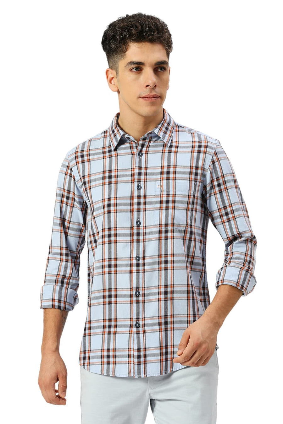 BASICS SLIM FIT BRUNNERA BLUE COTTON TWILL CHECKS SHIRT