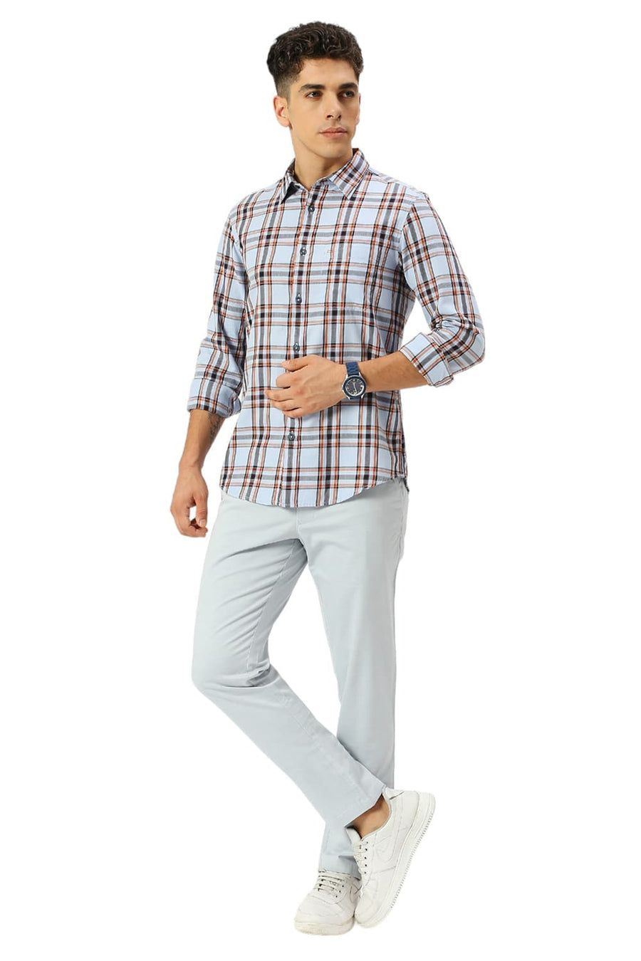 BASICS SLIM FIT BRUNNERA BLUE COTTON TWILL CHECKS SHIRT
