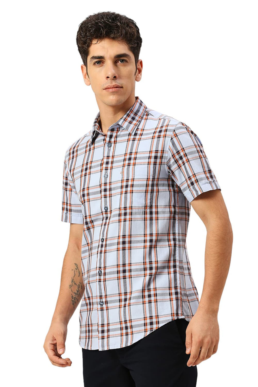BASICS SLIM FIT BRUNNERA BLUE COTTON TWILL CHECKS HALFSLEEVES SHIRT