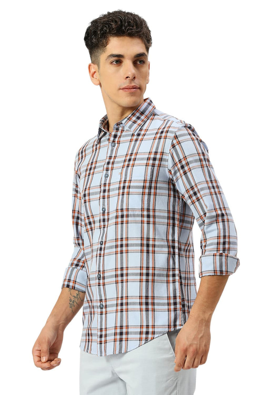 BASICS SLIM FIT BRUNNERA BLUE COTTON TWILL CHECKS SHIRT