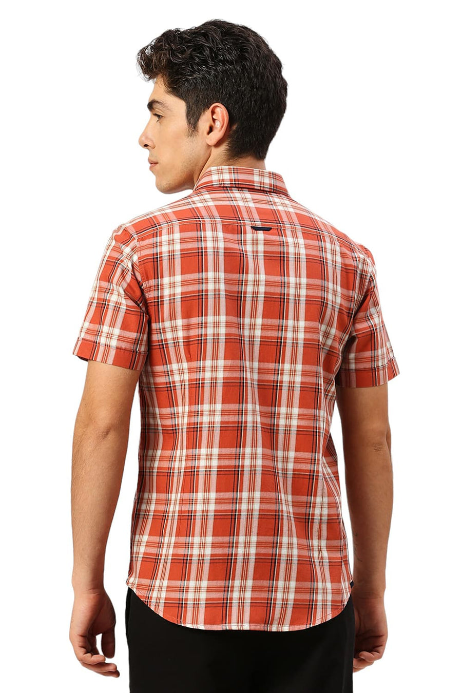 BASICS SLIM FIT BAKED BRICK COTTON TWILL CHECKS HALFSLEEVES SHIRT