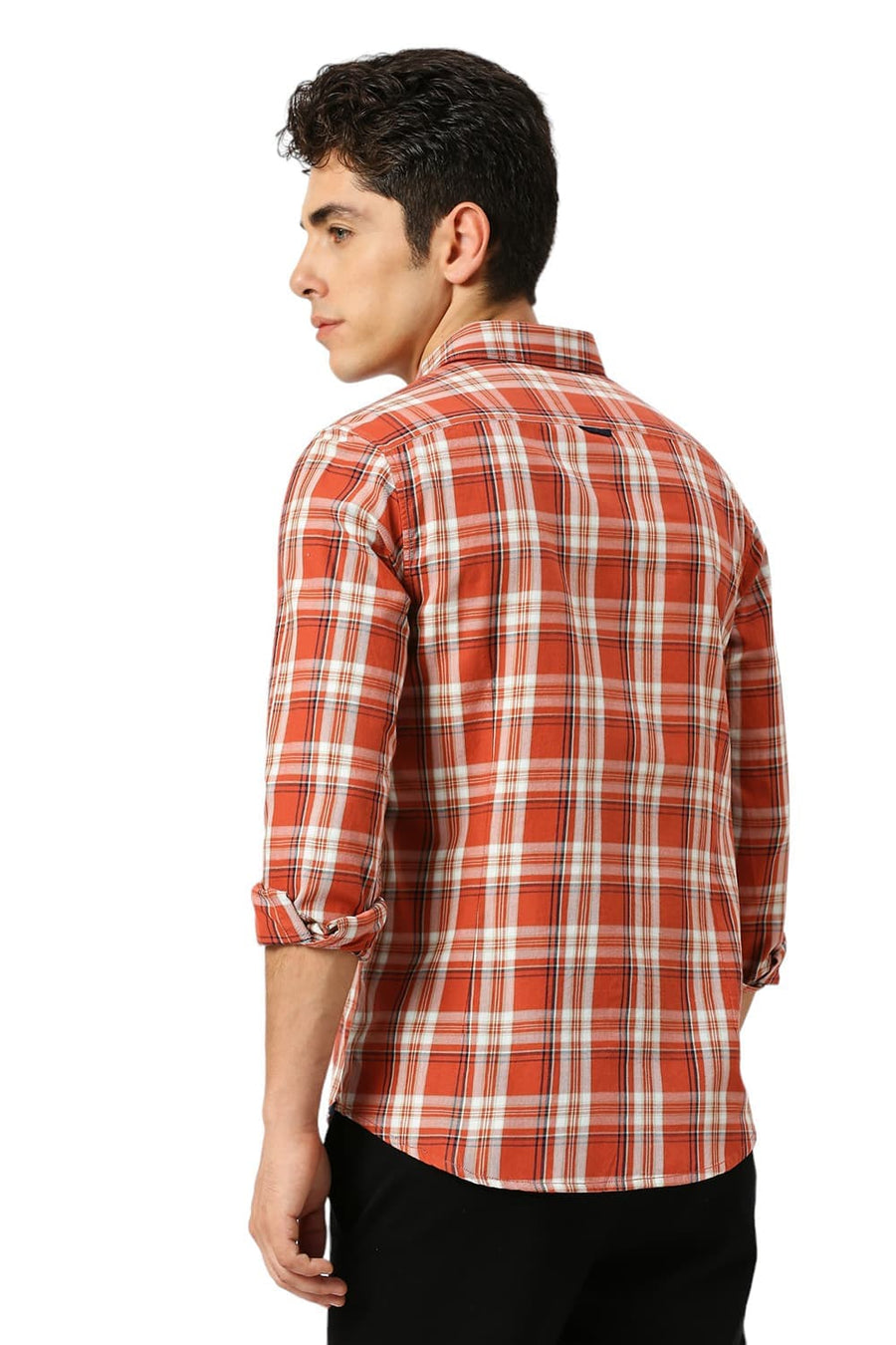 BASICS SLIM FIT BAKED BRICK COTTON TWILL CHECKS SHIRT