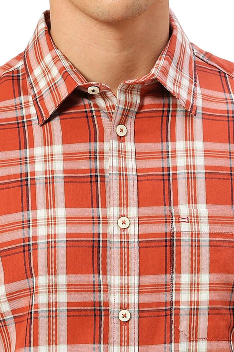 BASICS SLIM FIT BAKED BRICK COTTON TWILL CHECKS HALFSLEEVES SHIRT