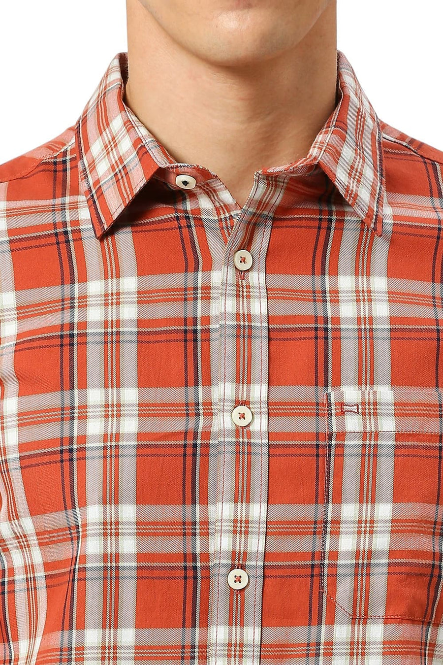 BASICS SLIM FIT BAKED BRICK COTTON TWILL CHECKS SHIRT