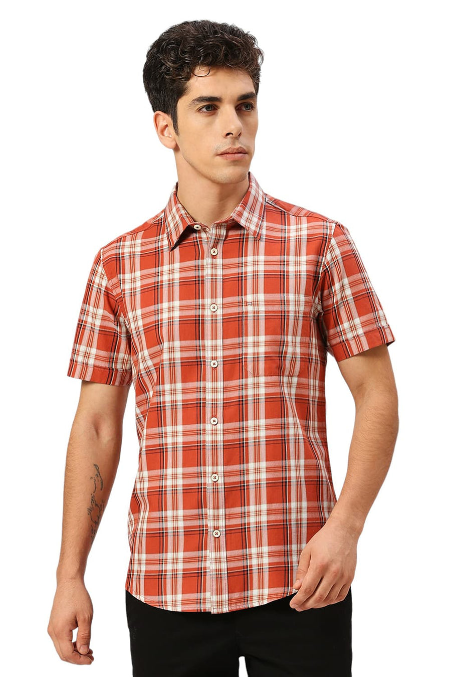 BASICS SLIM FIT BAKED BRICK COTTON TWILL CHECKS HALFSLEEVES SHIRT