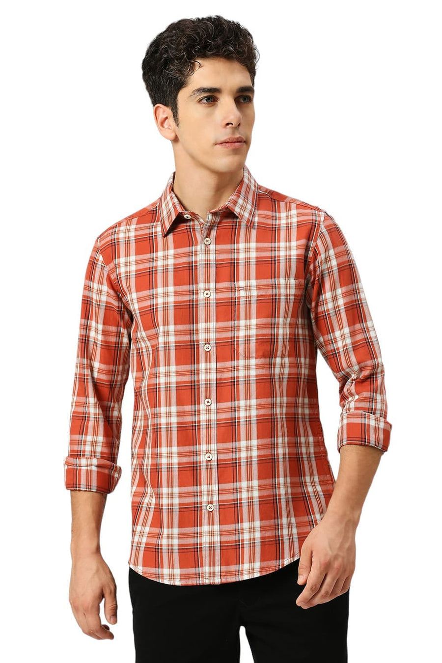 BASICS SLIM FIT BAKED BRICK COTTON TWILL CHECKS SHIRT