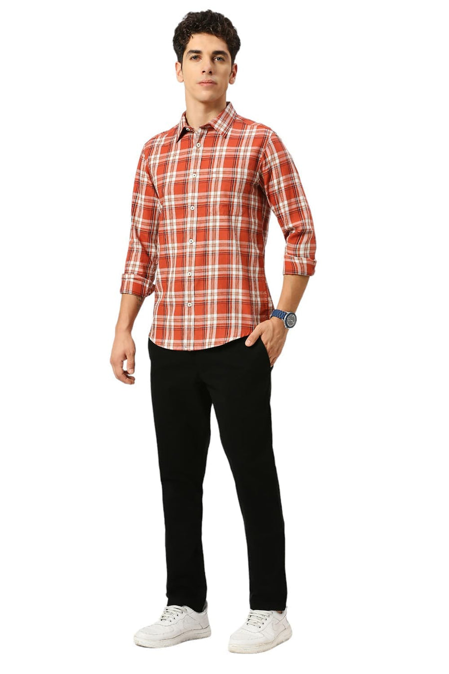 BASICS SLIM FIT BAKED BRICK COTTON TWILL CHECKS SHIRT