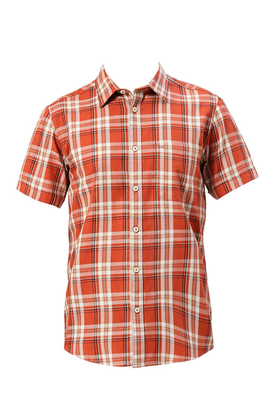 BASICS SLIM FIT BAKED BRICK COTTON TWILL CHECKS HALFSLEEVES SHIRT