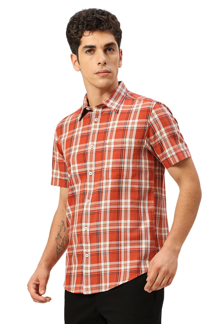 BASICS SLIM FIT BAKED BRICK COTTON TWILL CHECKS HALFSLEEVES SHIRT