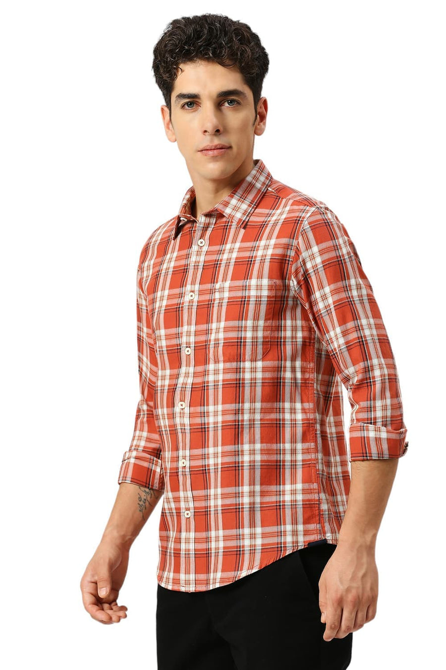 BASICS SLIM FIT BAKED BRICK COTTON TWILL CHECKS SHIRT