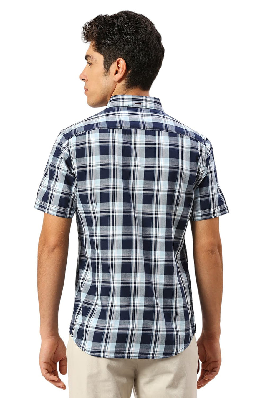 BASICS SLIM FIT OCEAN BLUE COTTON TWILL CHECKS HALFSLEEVES SHIRT