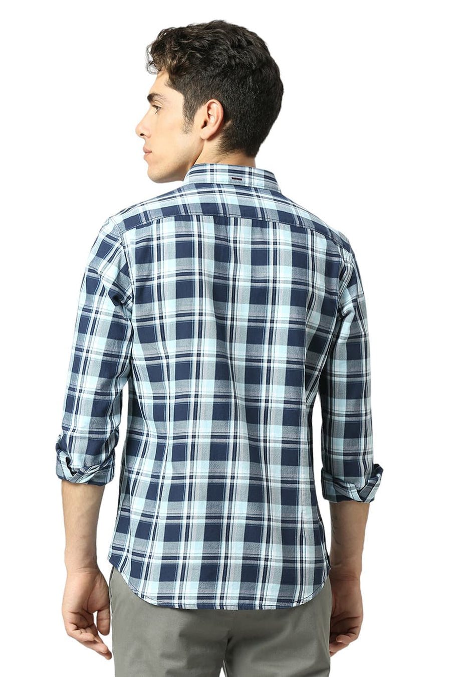 BASICS SLIM FIT OCEAN BLUE COTTON TWILL CHECKS SHIRT