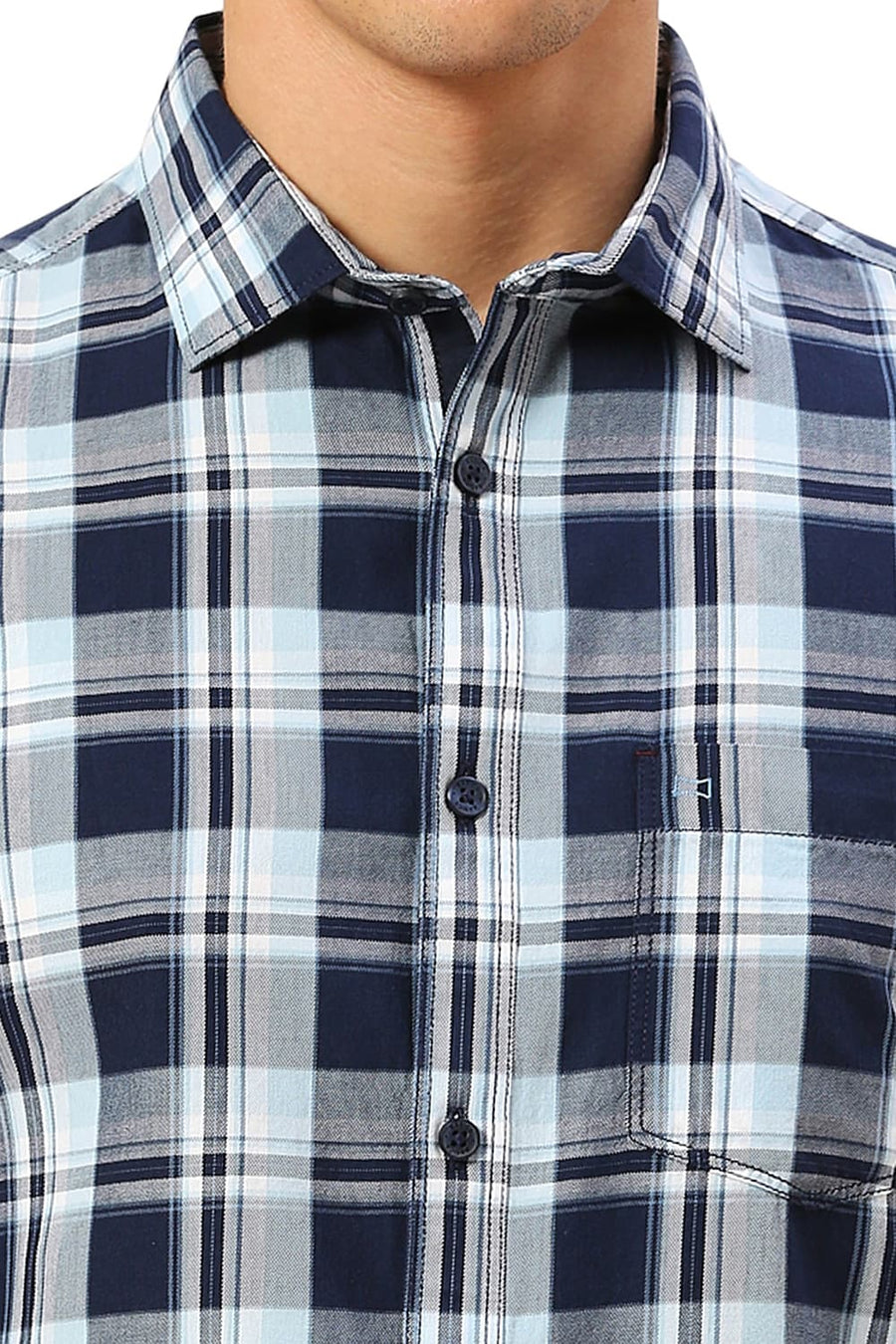 BASICS SLIM FIT OCEAN BLUE COTTON TWILL CHECKS HALFSLEEVES SHIRT
