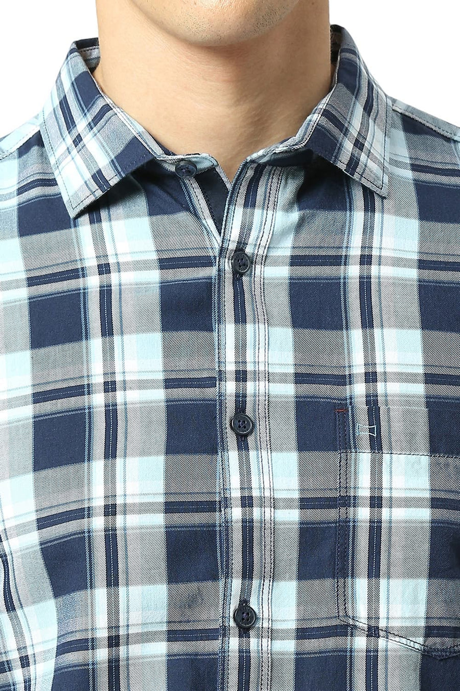 BASICS SLIM FIT OCEAN BLUE COTTON TWILL CHECKS SHIRT